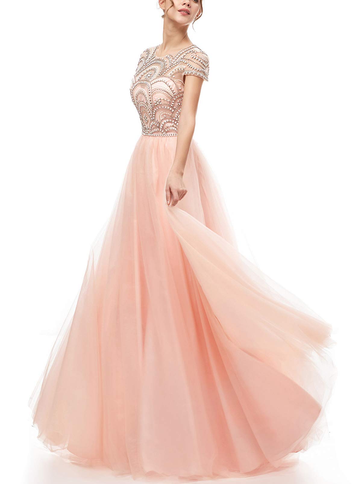 Elegant 2022 Prom Dresses for Women - Cap Sleeve Round Neck Beaded Tulle Evening Gown | Perfect for Formal Parties, Homecoming & Special Occasions