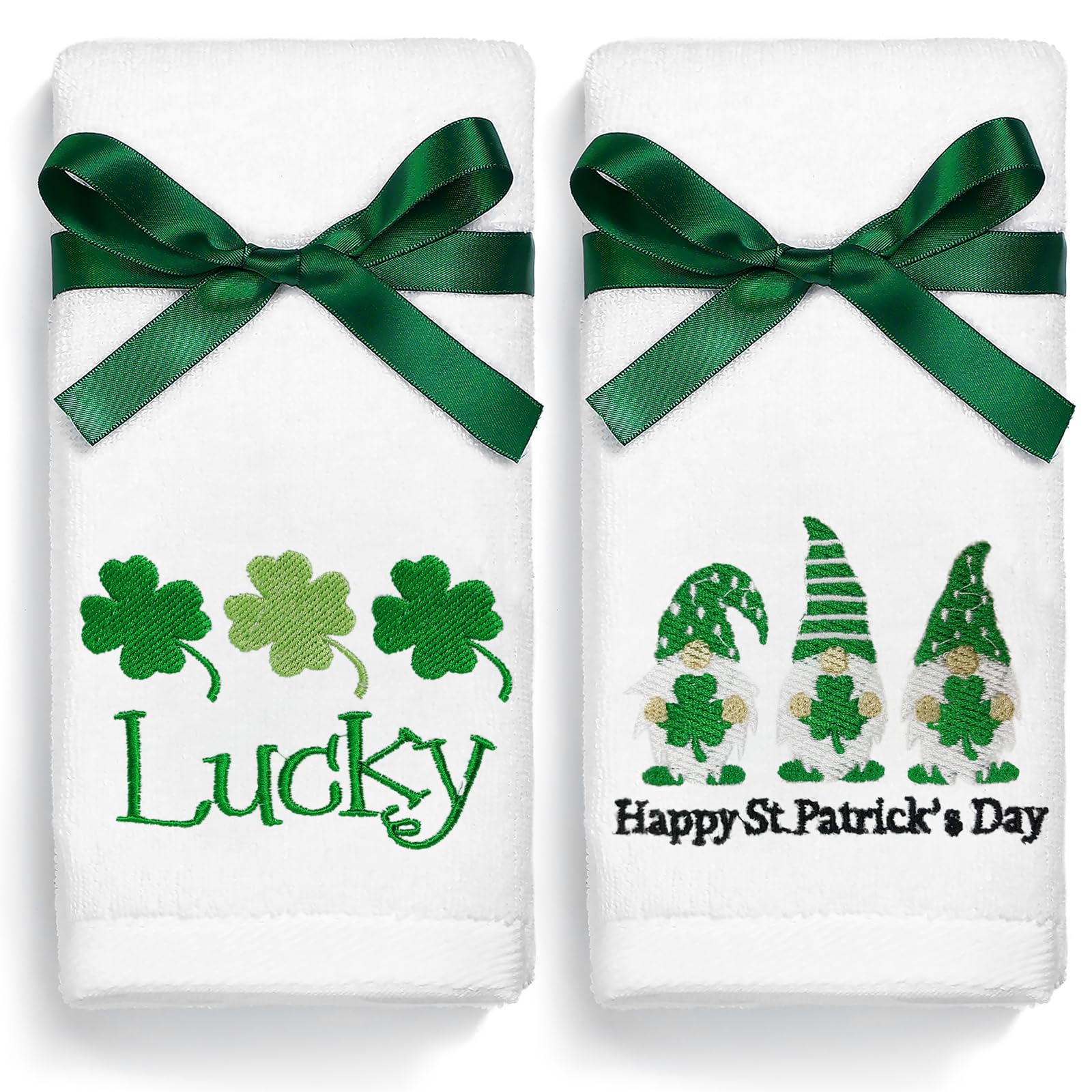 **St. Patrick's Day Irish Hand Towels - 100% Cotton Embroidered Green Gnome & Shamrock Design - Decorative Kitchen & Bathroom Dish Towels Set of 2 (14x29 Inches) - Perfect for St. Patrick's Day Decor, Gifts, and Irish-Themed Parties**