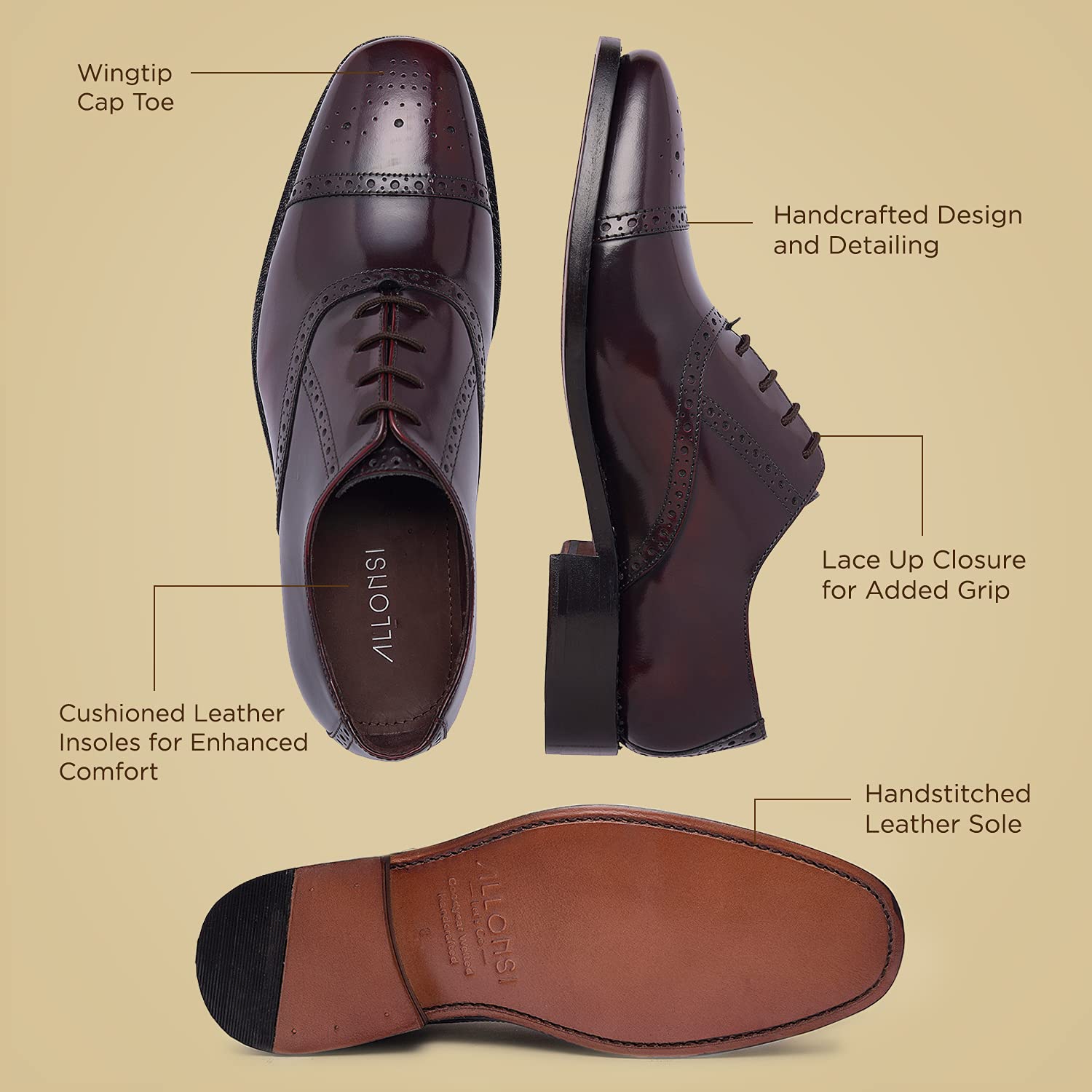 Tallon Men's Genuine Leather Wingtip Oxford Dress Shoes | Goodyear Welted Formal Shoes for Wedding & Business | Comfortable Handcrafted Luxury Leather Sole Dress Shoes | Perfect for Office, Ceremonies & Special Occasions