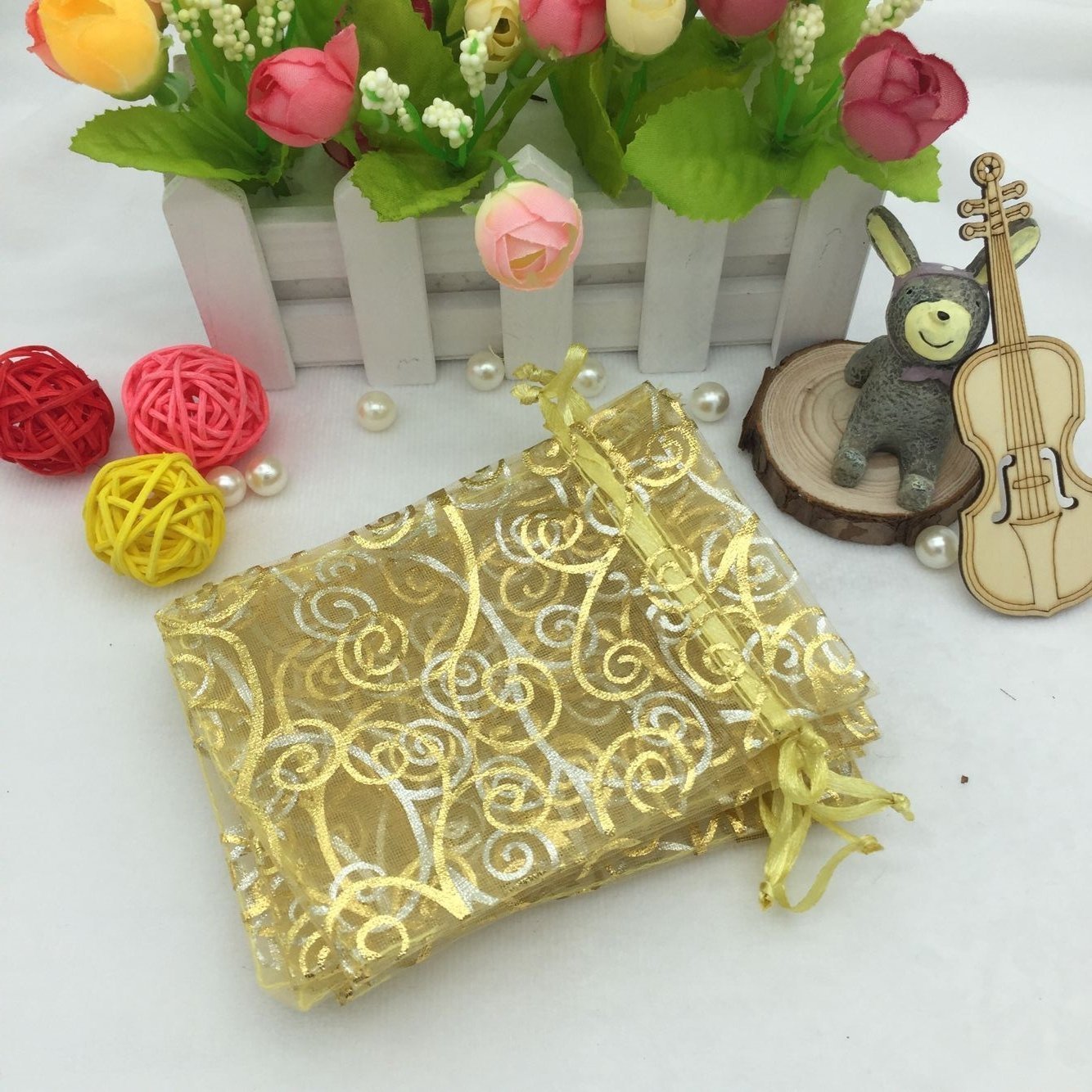 50Pcs Sheer Organza Gift Bags for Wedding Favors, Baby Shower, Party - Rattan Print Drawstring Pouches (4x6 Inches, Gold) | Elegant Packaging for Jewelry, Candies, Wedding Invitations & Party Favors