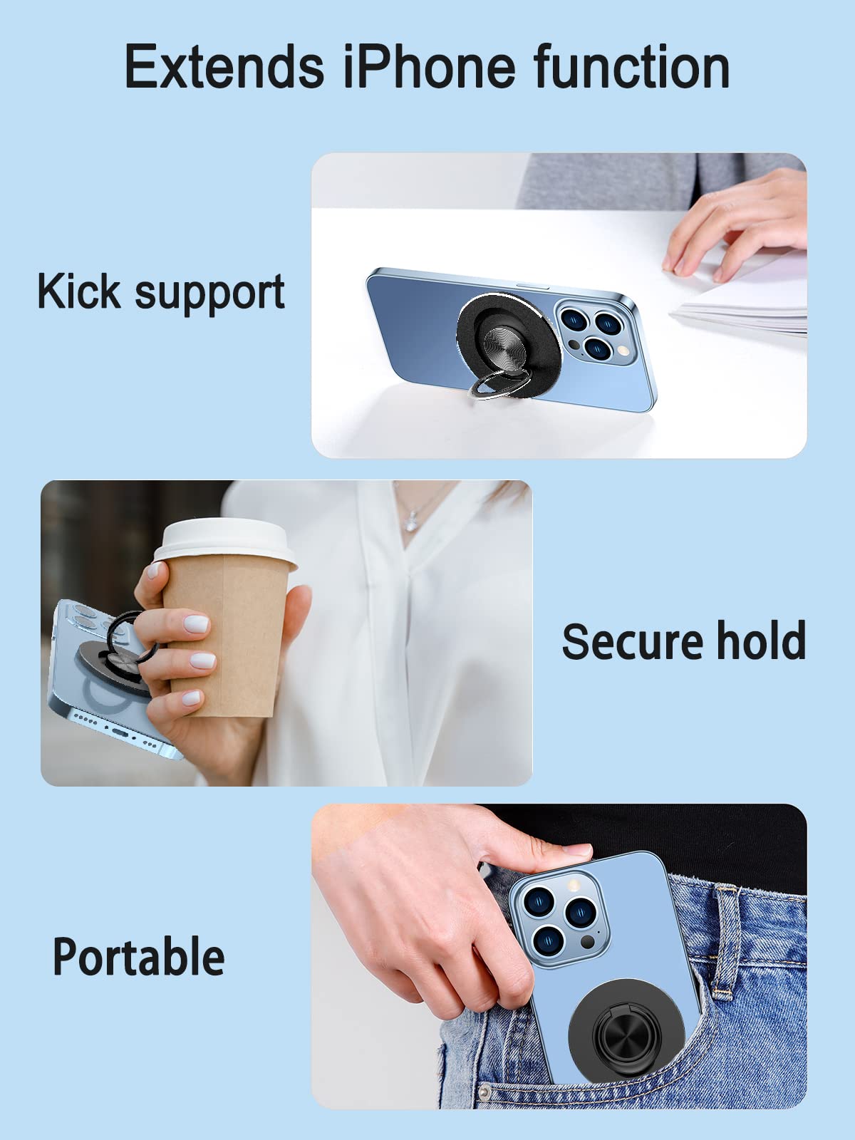 Magnetic Phone Ring Holder for iPhone 12/13/14/15 Pro/Max/Mini - Magsafe Compatible, Removable Finger Loop Grip with Wireless Charging Support (Silver) | Perfect for One-Hand Use, Gym Workouts & Daily Commuting