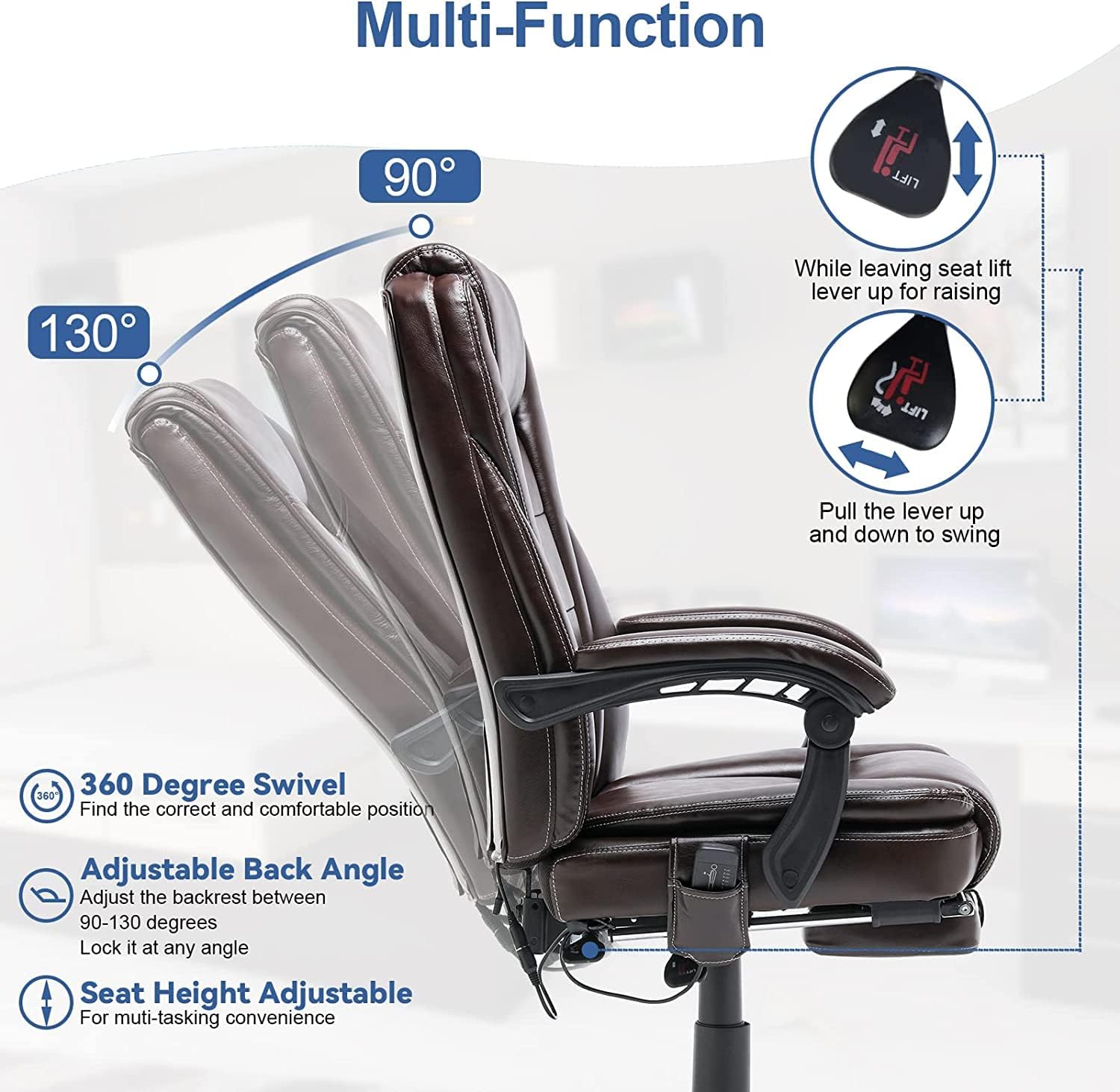 HOMREST 4-Point Massage Reclining Office Chair - Ergonomic Leather Executive Chair with Heating & Retractable Footrest - Adjustable Computer Desk Chair for Home Office, Study, Gaming & Relaxation (Brown) - Perfect for Long Work Hours, Online Meetings & Stress Relief