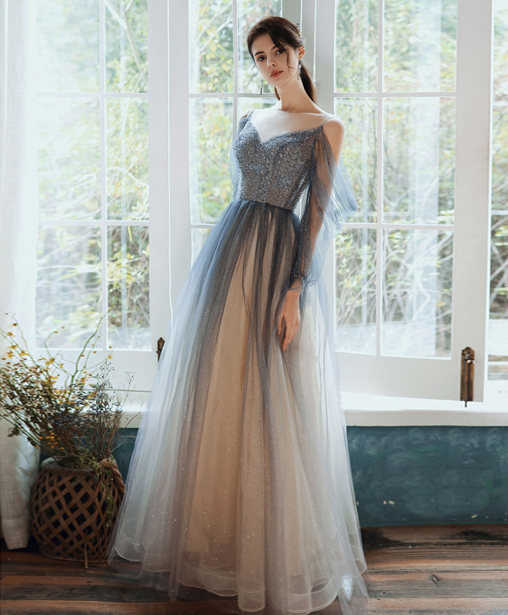 Elegant Blue Tulle Sequin Long Prom Dress - Formal Evening Gown for Homecoming, Ball & Special Occasions