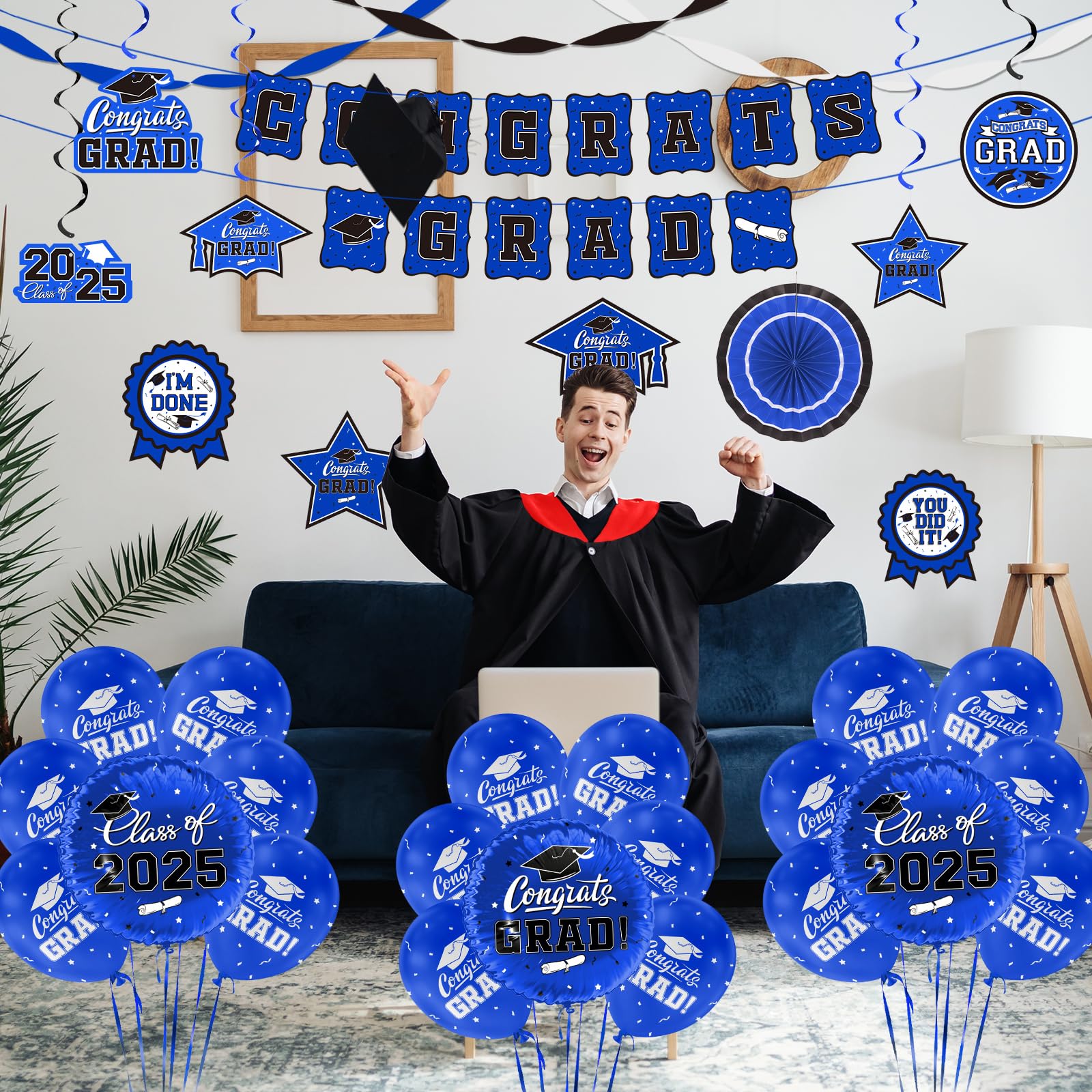 2025 Graduation Party Decorations Set - Blue Themed Congrats Grad Banner, Class of 2025 Backdrop, Balloons & Streamers Kit - Complete High School & College Graduation Party Supplies for Ceremony, Photo Booth & Celebration Decor