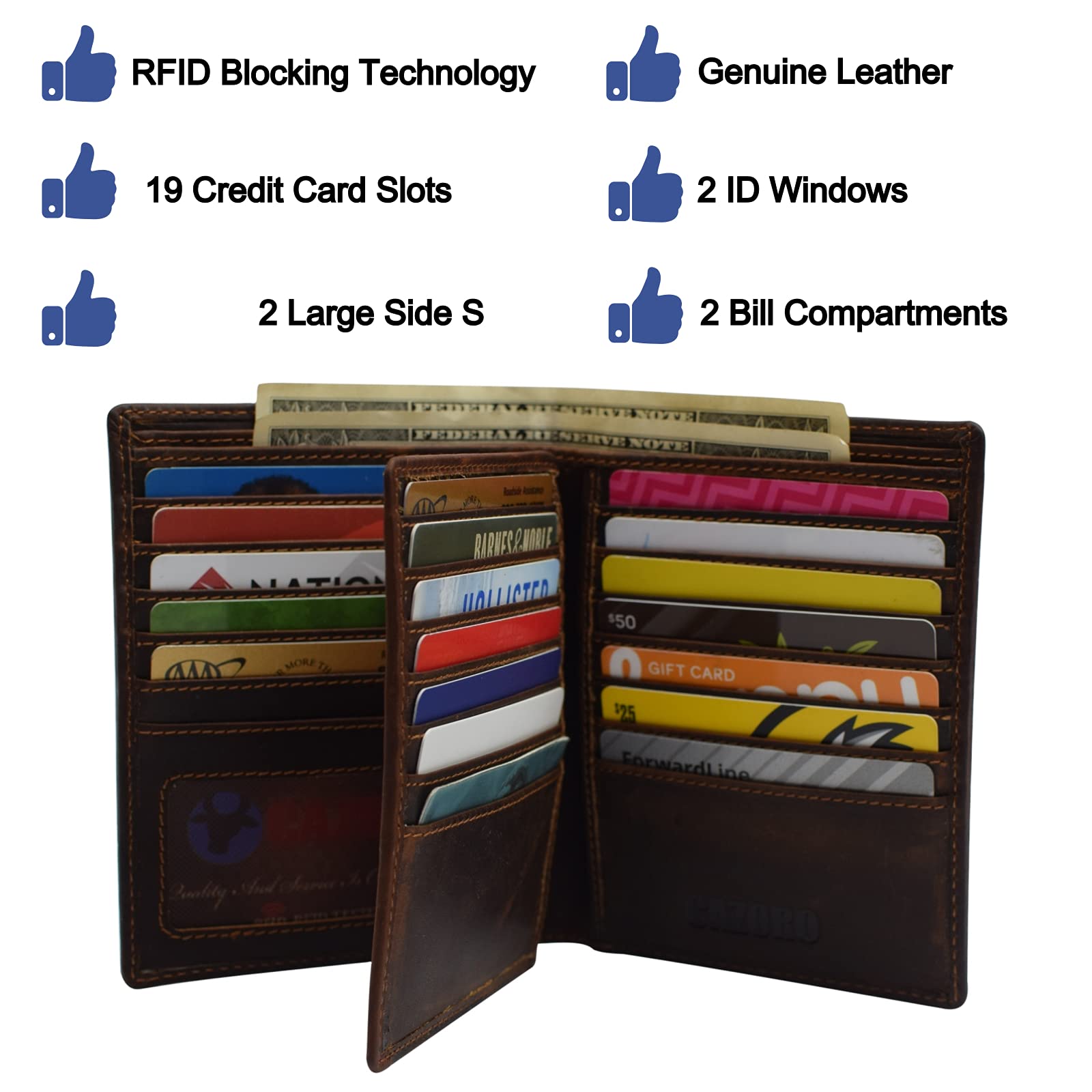 MARSHAL Bifold Genuine Leather RFID Blocking Wallet For Men - Slim Card Holder with 2 Bill Compartments & ID Window - Premium Brown Leather Wallet for Cash, Credit Cards & Travel - Perfect for Business, Everyday Use & Gifts