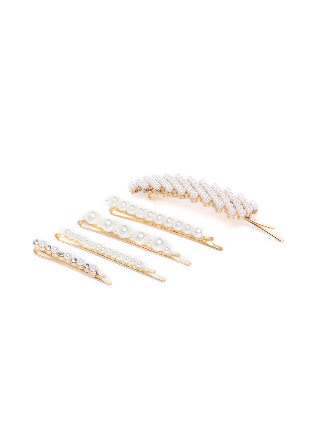 Priyaasi Gold and White Pearl Hair Clips for Women - Elegant Metal Hair Pins Set of 5 - Perfect for Weddings, Parties, and Everyday Styling