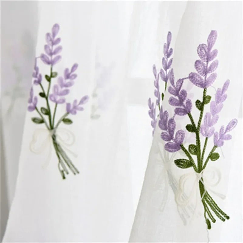 Mila Lavender Floral Embroidery Sheer Curtains - White & Purple Window Drapes for Living Room, Bedroom & Nursery Decor