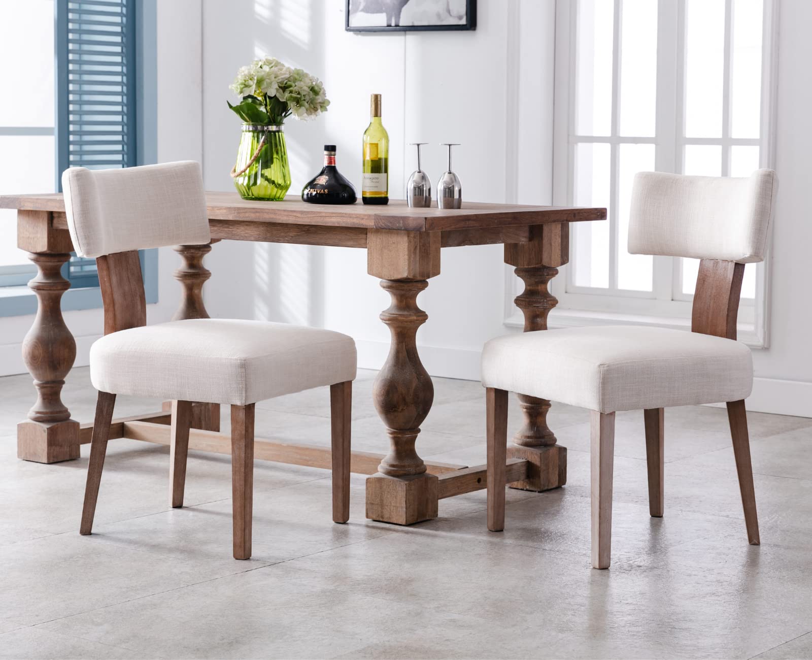 EALSON Mid Century Modern Dining Chairs Set of 2 - Linen Upholstered Kitchen Chairs with Wood Legs & Curved Back - Farmhouse Style Accent Chairs for Dining Room, Living Room, Kitchen - Beige - Perfect for Home Decor, Family Gatherings & Dinner Parties