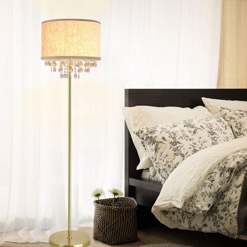 DLLT Elegant Crystal LED Floor Lamp - Modern Mid Century & Farmhouse Standing Light with Brass Pole & Fabric Drum Shade for Living Room, Bedroom, Kids Room | Perfect for Reading, Relaxing & Home Decor