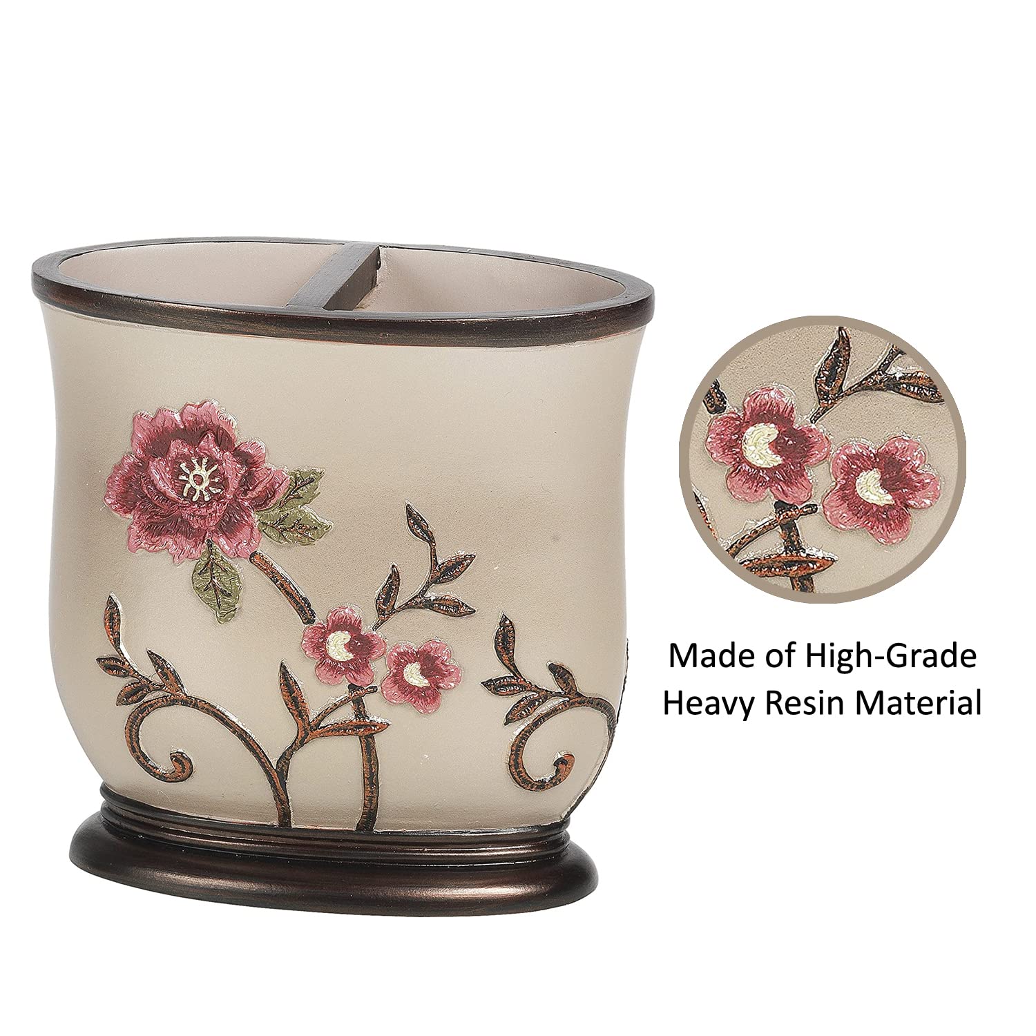 Larrisa Collection Rose Design Brown Bathroom Toothbrush Holder - Stylish and Functional for Bathroom, Vanity, and Countertop Organization
