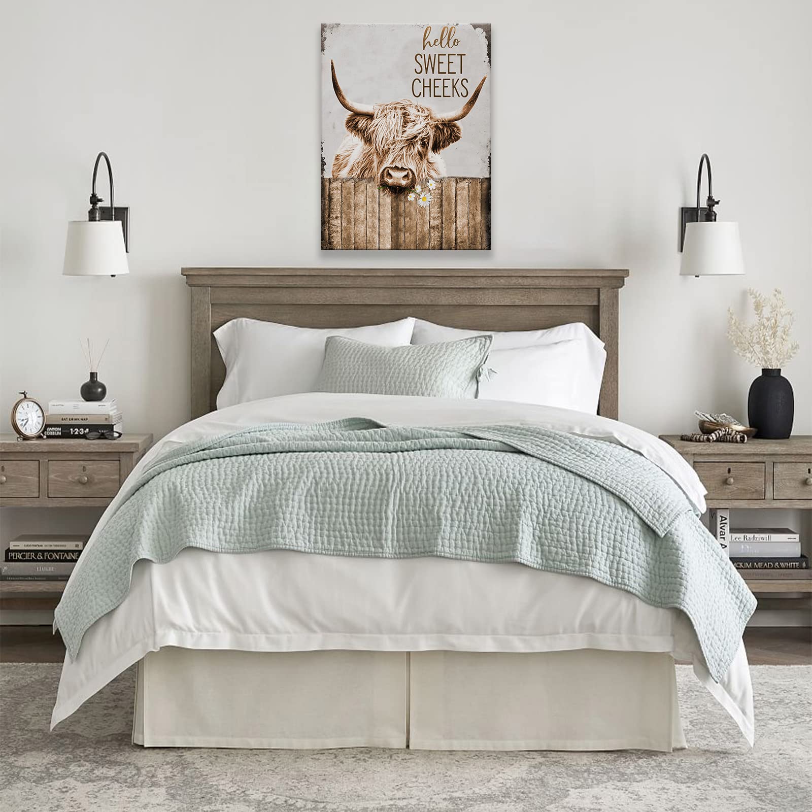 Funny Highland Cow Wall Art - Rustic Farmhouse Bathroom Decor, Country Cattle Painting Canvas Print (12x16 Inch Framed) for Office, Bedroom, Kitchen & Dining Room - Perfect for Farmhouse & Country Style Home Decor