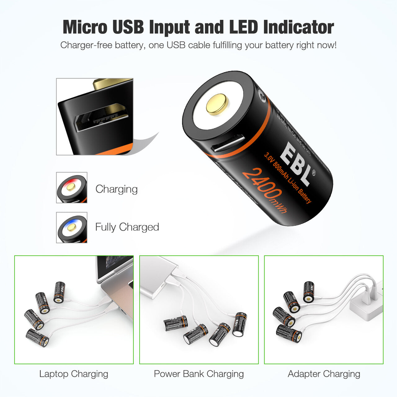 EBL 4 Pack CR123A 3V Lithium Battery 2400mWh High Capacity - Includes Micro USB Charging Cable - Perfect for Digital Cameras, Flashlights & Security Devices