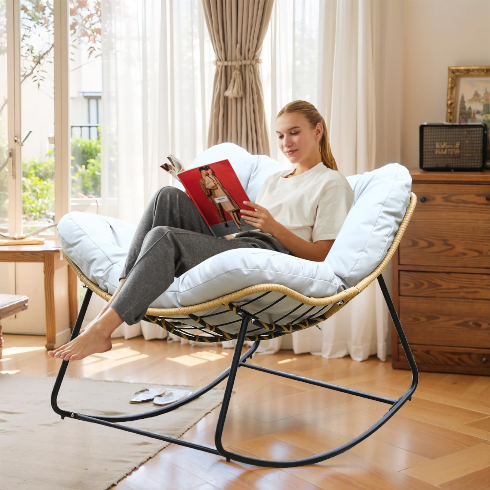 Outdoor Rocking Papasan Chair - Egg Recliner Rocker for Patio, Garden & Porch - White Padded Swing Chair for Relaxing in Bedroom, Living Room or Backyard - Perfect for Reading, Napping & Lounging