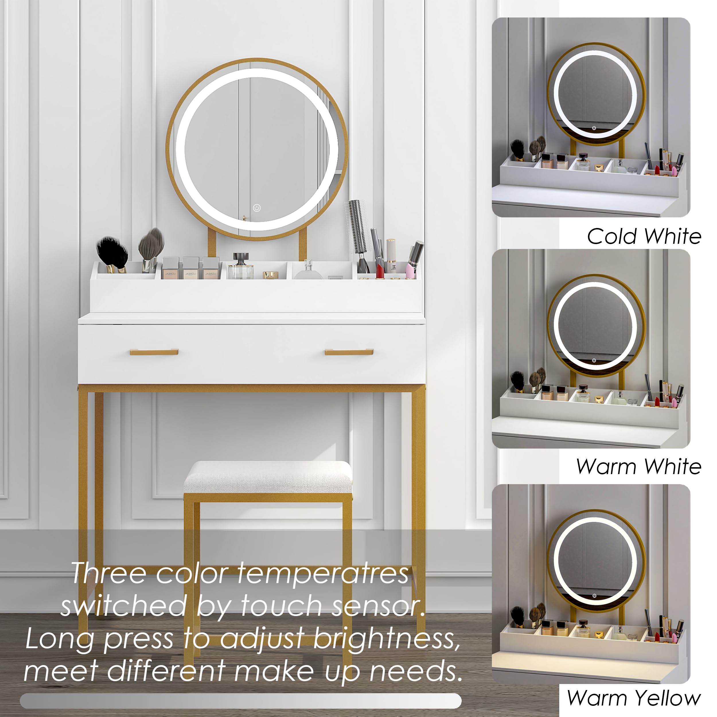 UTEX Makeup Vanity Desk with LED Mirror & 3 Lighting Modes, White and Gold Dressing Table with Drawers & Cushioned Stool - Perfect for Bedroom, Beauty Salon & Home Decor