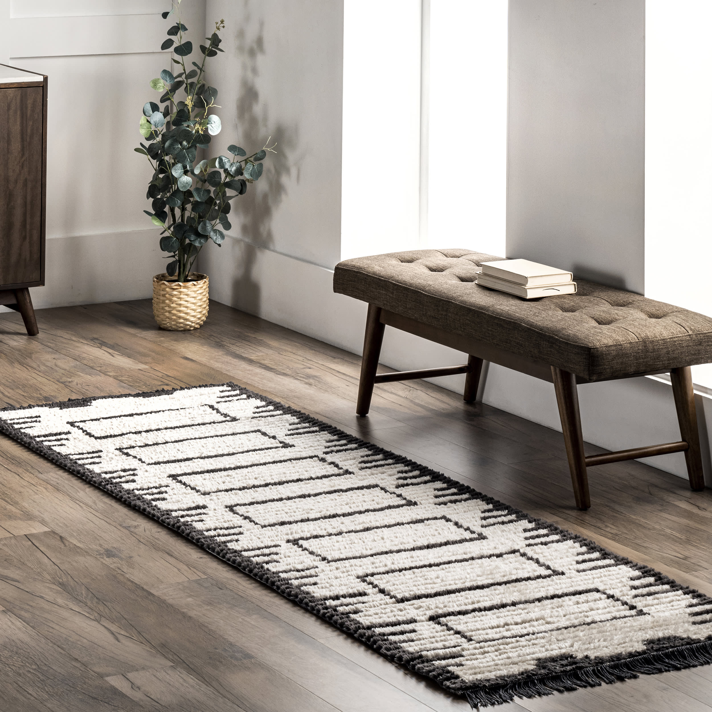 Bethanny Scrolling Panels Fringed Rug - Beige Bohemian Area Rug for Living Room, Bedroom & Home Decor