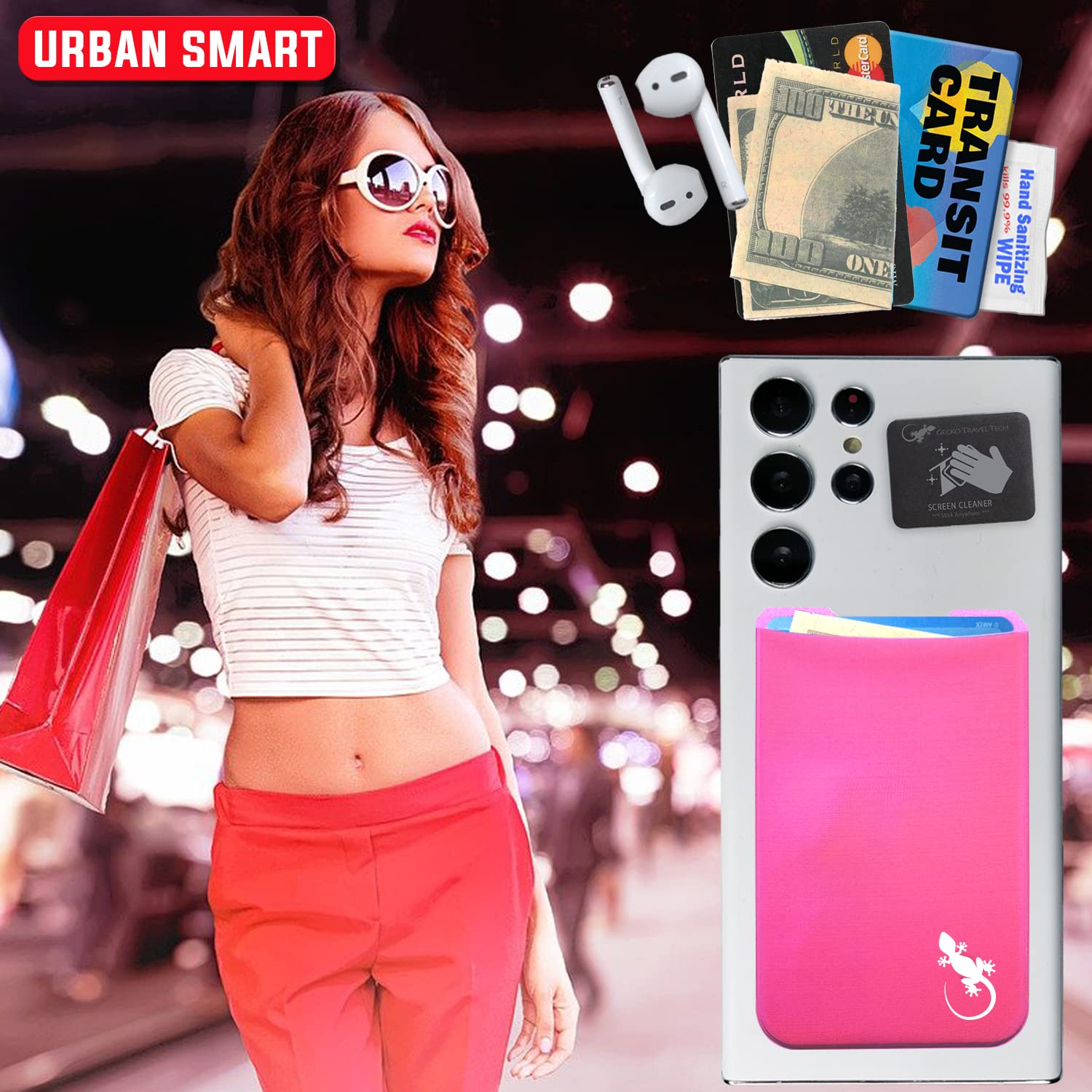 Stick-On Phone Wallet with Adhesive Card Holder - Slim Lycra Pocket for Credit Cards & Cash - Secure Cell Phone Pouch by Gecko - Perfect for Travel, Gym & Everyday Use
