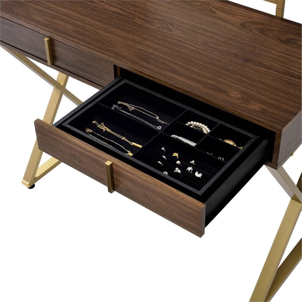 Acme Coleen Vanity Desk in Walnut & Gold Finish - Elegant Dressing Table with Mirror for Bedroom Makeup & Skincare Routine