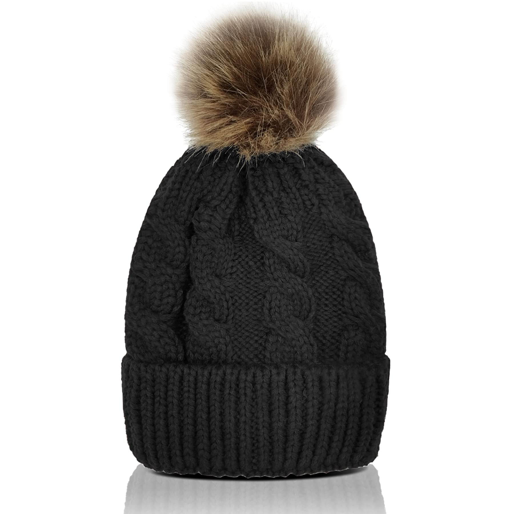 White Leopard Kids Beanie Hat with Pom Pom - Soft Cable Knit Slouchy Skull Cap for Toddler Boys & Girls - Winter Warm Hat for Outdoor Play, Skiing & Snow Activities