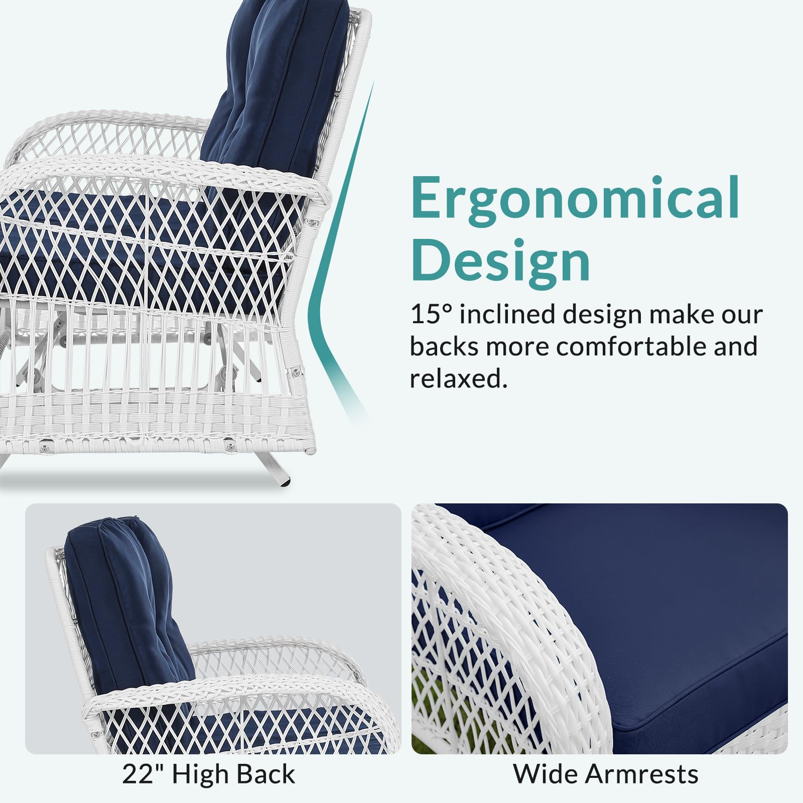 MEETWARM 2-Person Outdoor Wicker Patio Glider Set with Glass-Top Coffee Table & Thickened Cushions - White Wicker/Navy - Perfect for Porch, Garden, Backyard Relaxation and Outdoor Entertaining