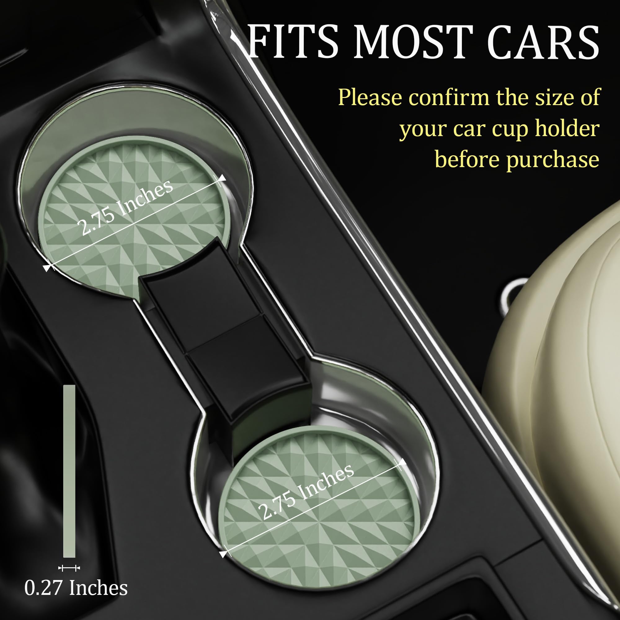 Non-Slip Silicone Car Coasters 4 Pack (2.75 Inch) - Universal Cup Holder Mats for Cars, Waterproof & Durable Interior Accessories - Perfect for Coffee, Drinks & Spill Protection - Sage Green