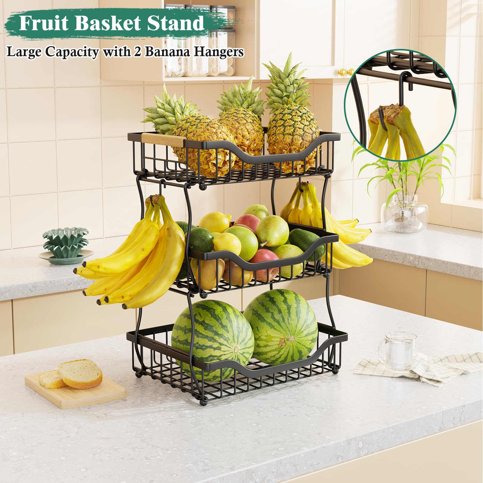 3-Tier Fruit Basket with Banana Hangers - Wall Mount & Countertop Kitchen Organizer for Fruits, Vegetables, Bread, Snacks - Perfect for Small Kitchen Storage & Pantry Organization (Ideal for Apartments, Dorms & Counter Space Saving)