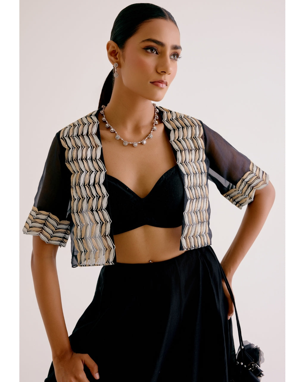 Hand-Painted Black Silk Chanderi Skirt and Cape Set - Elegant Indian Ethnic Outfit for Weddings, Parties & Special Occasions