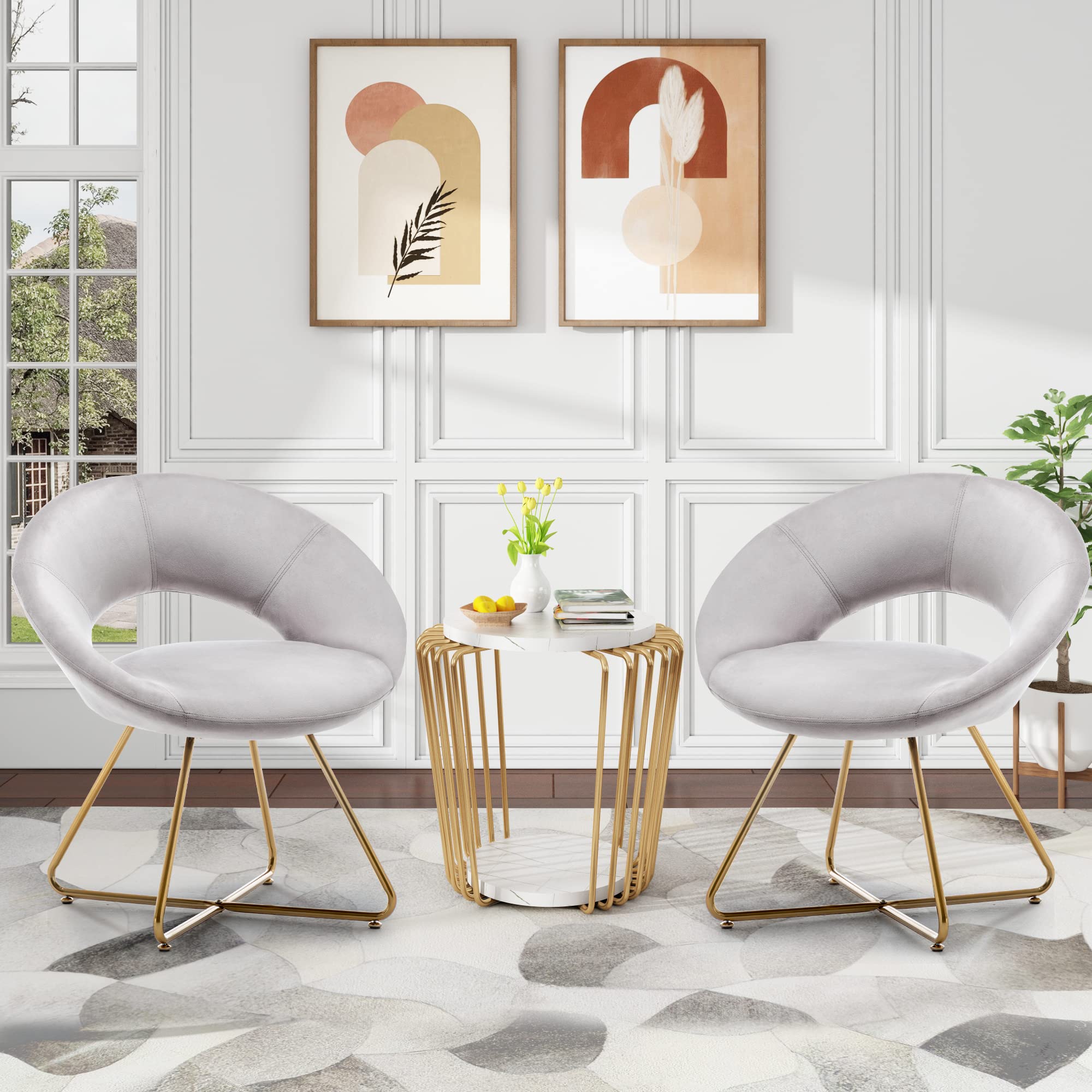 Alunaune Swivel Velvet Accent Chairs Set of 2 - Modern Upholstered Armchairs with Golden Metal Legs for Living Room, Lounge, or Office (Grey) - Perfect for Reading Nooks, Coffee Areas & Home Decor