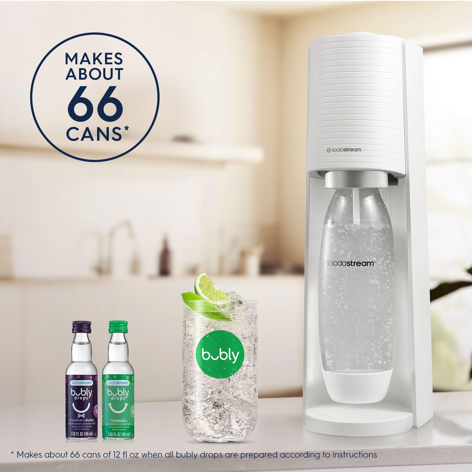 SodaStream Terra Sparkling Water Maker Kit - White, Includes CO2 Cylinder, DWS Bottles & Bubly Drops Flavors for Homemade Carbonated Drinks | Perfect for Kitchen, Office & Parties