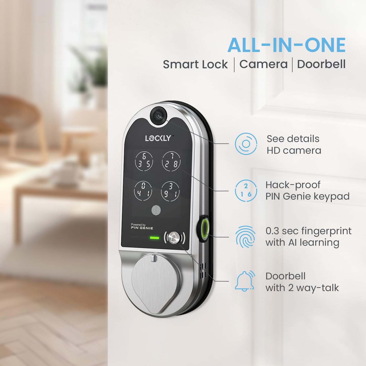 Lockly Vision Smart Lock with HD Video Doorbell - Fingerprint & Touchscreen Keypad Front Door Lock, App Control, Auto Lock, No Monthly Fee (Satin Nickel) - Secure Your Home with Smart Access & Video Monitoring