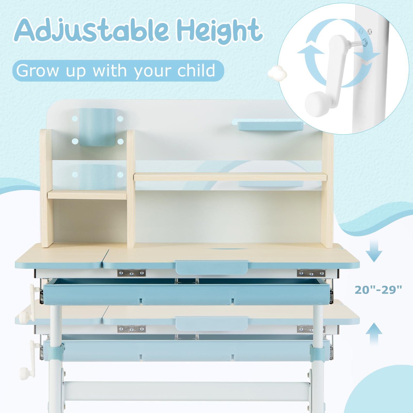 **Costzon Adjustable Kids Study Desk with Storage - Height Adjustable Children's School Desk, Tilt Desktop, Pen Holder & Ruler - Perfect for Homeschooling, Online Learning & Homework (Blue)**