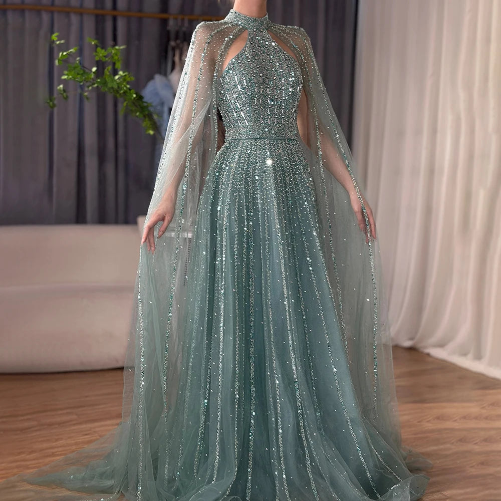 Elegant Arabic Turquoise A-Line Cape Sleeve Beaded Evening Gown for Women - Luxury Dubai Wedding Party Dress LA72306A | Perfect for Formal Events, Galas & Special Occasions