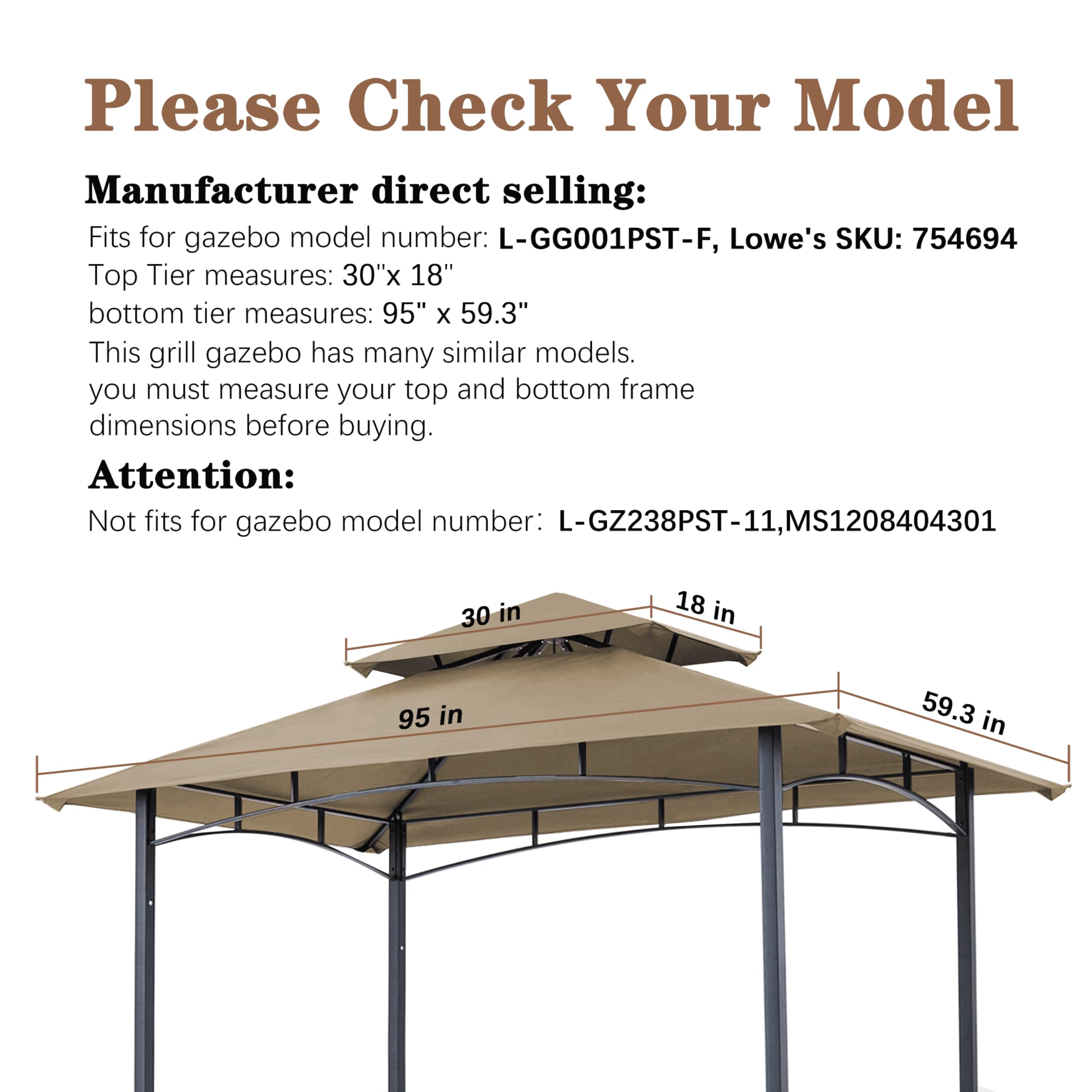 SCOCANOPY 8x5FT Replacement Canopy for Gazebo Model L-GG001PST-F - Khaki BBQ Grill Gazebo Roof Top Cover | Perfect for Outdoor Patio, Backyard, and Garden Parties