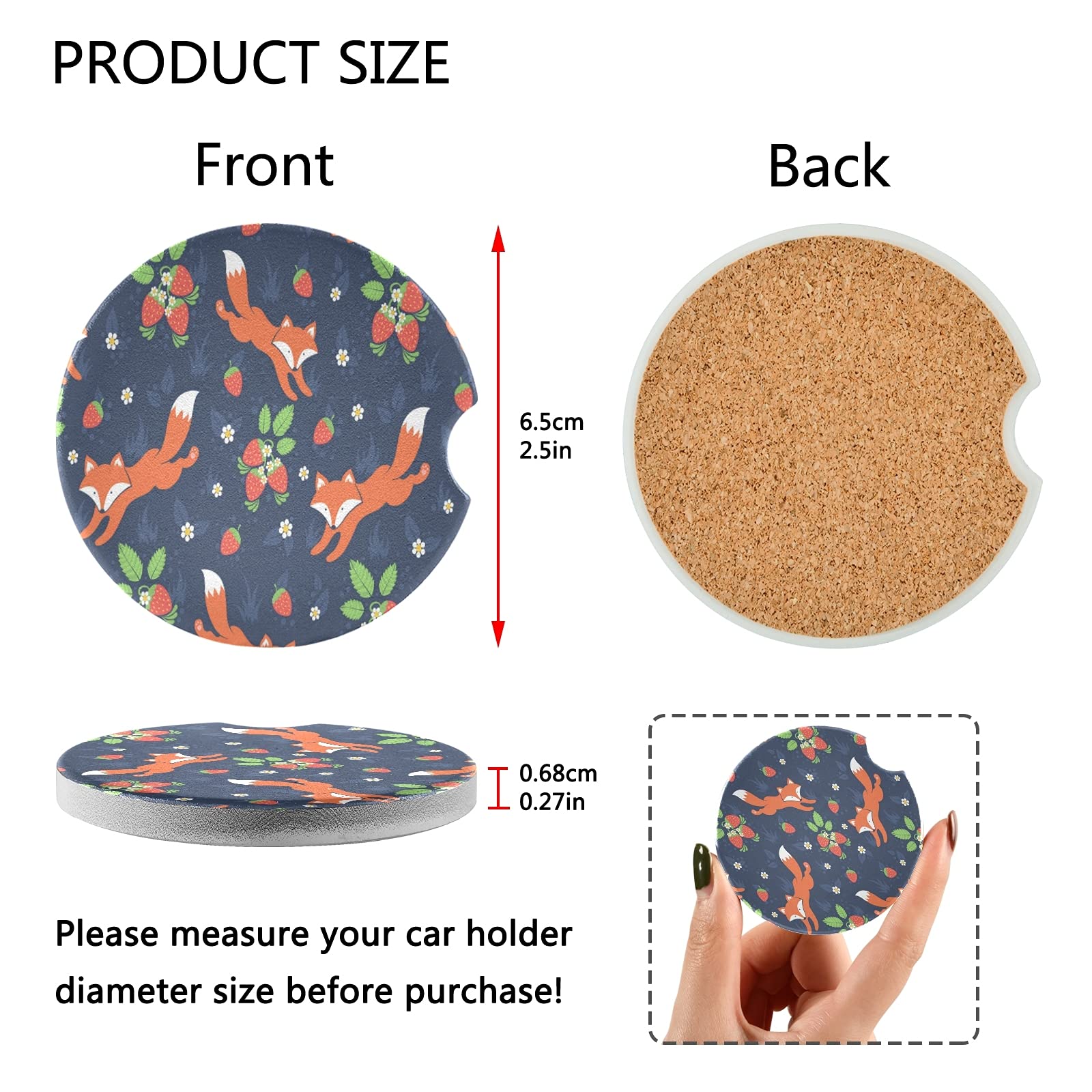 2 Pack Absorbent Fox and Strawberry Ceramic Car Coasters with Fingertip Grip, 2.5 Inch Cup Holder Coasters for Car, Perfect for Coffee, Tea, and Cold Drinks