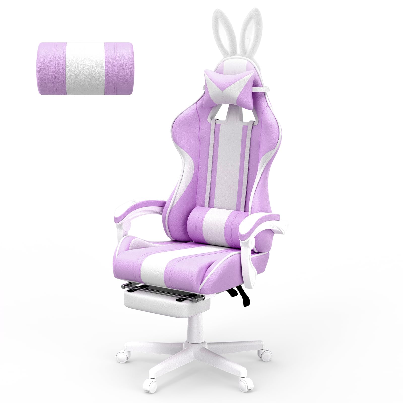 Kawaii Light Purple Gaming Chair with Bunny Ears - Ergonomic Cute Gamer Chair with Footrest & Massage - Racing Reclining Leather Computer Chair for Girls, Adults, Teens & Kids - Perfect for Gaming, Streaming, Home Office & Dorm Room Setup