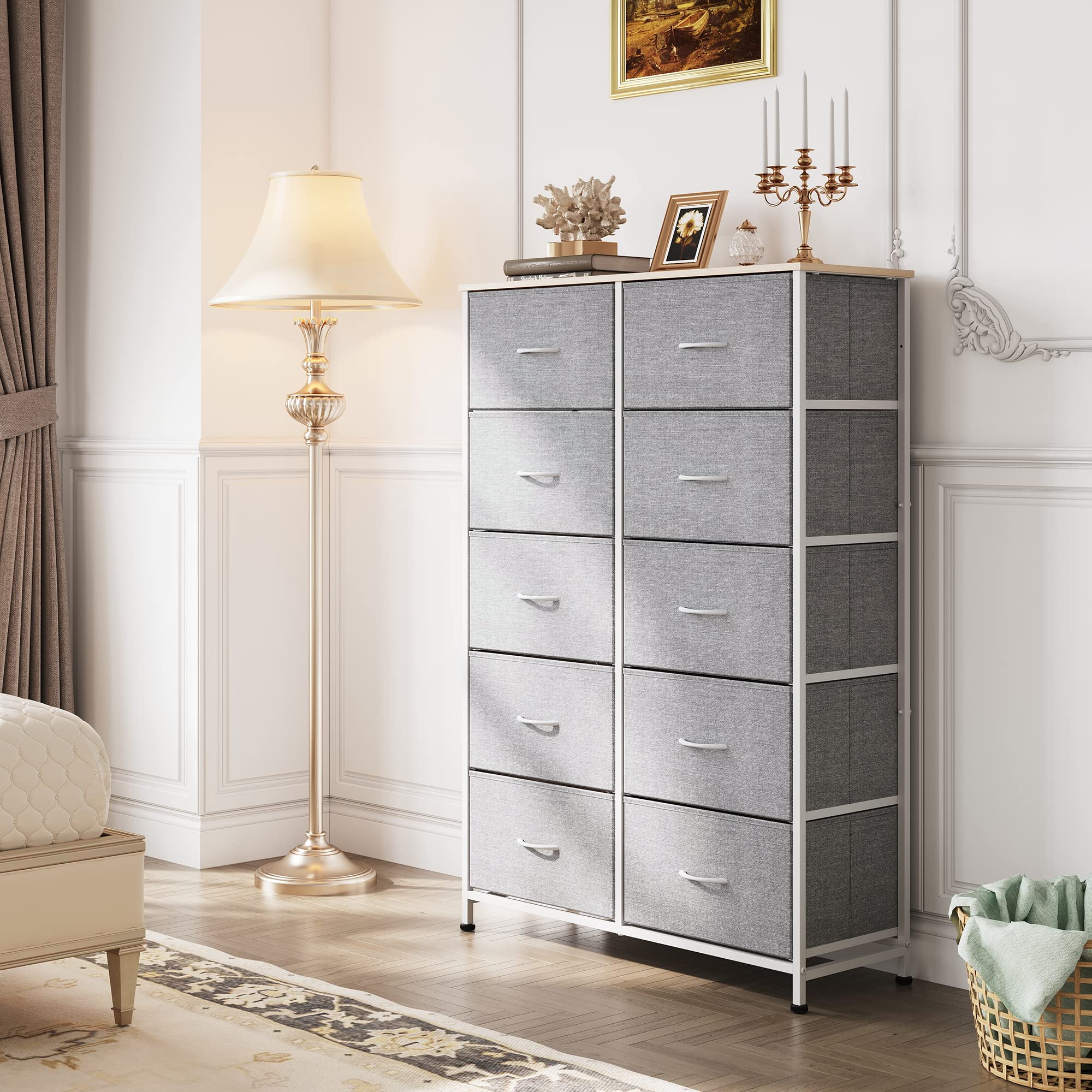 WLIVE 10-Drawer Tall Dresser for Bedroom - Modern Chest of Drawers with Fabric Bins, Storage Organizer Unit for Closet, Hallway & Living Room - Light Grey | Perfect for Small Spaces & Entryway Organization