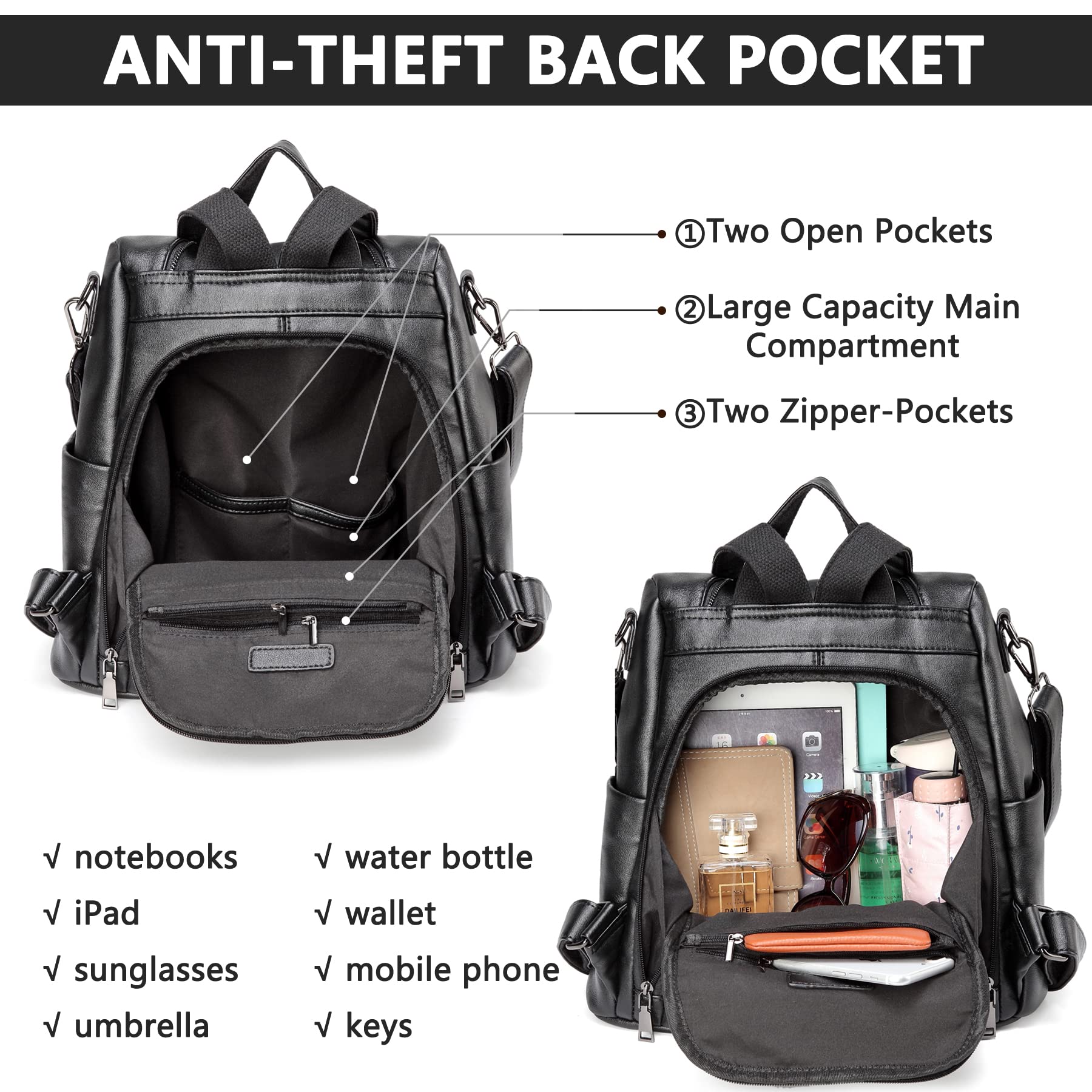 Kasqo Anti-Theft Leather Backpack Purse for Women - Water Resistant Travel Backpack in Black | Perfect for Commuting, Shopping & Daily Use