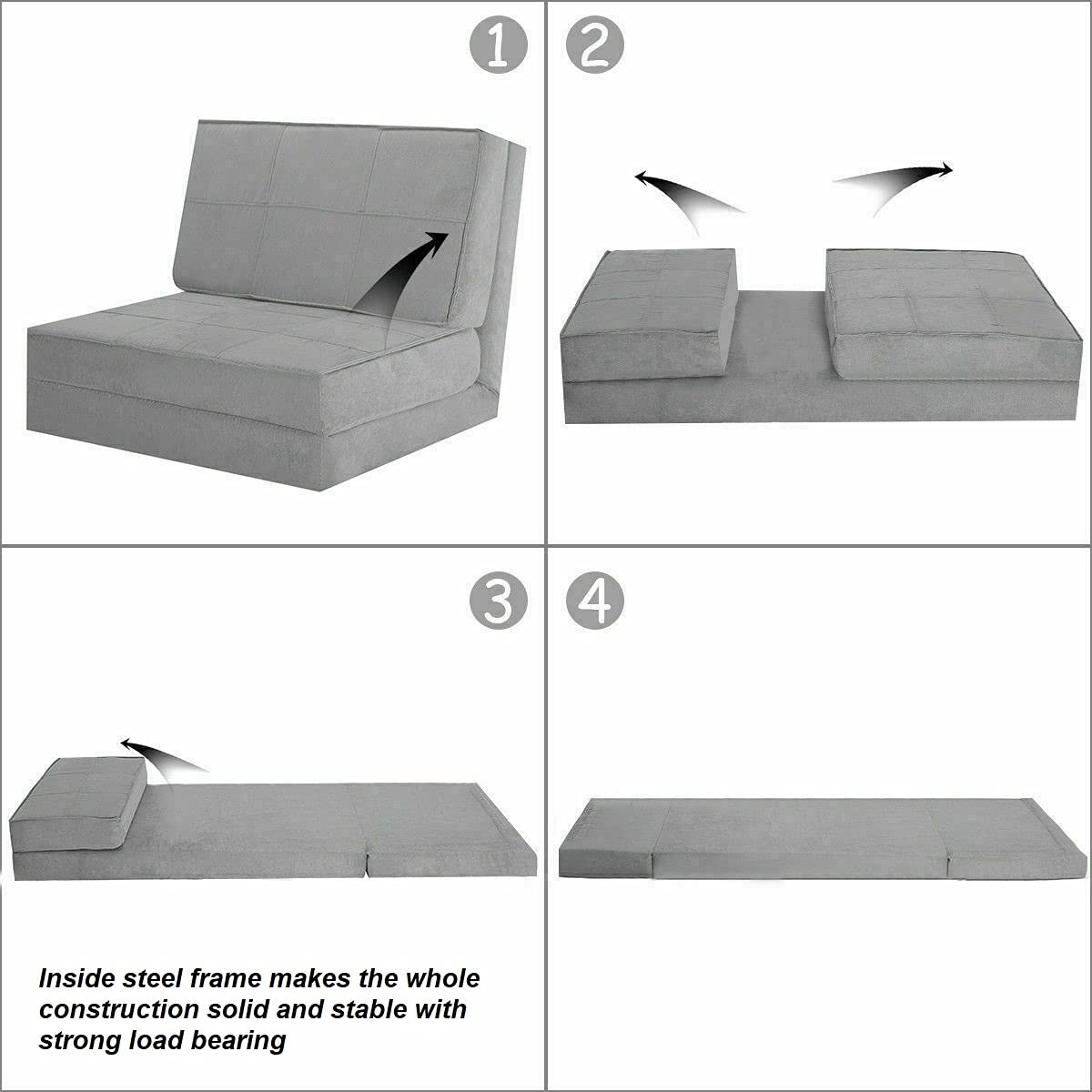 Grey Convertible Sofa Bed with 5 Adjustable Backrest Positions – Foldable Sleeper Lounger with Steel Frame, Suede Fabric & High-Density Foam – Non-Slip Feet for Living Room, Guest Room & Small Spaces