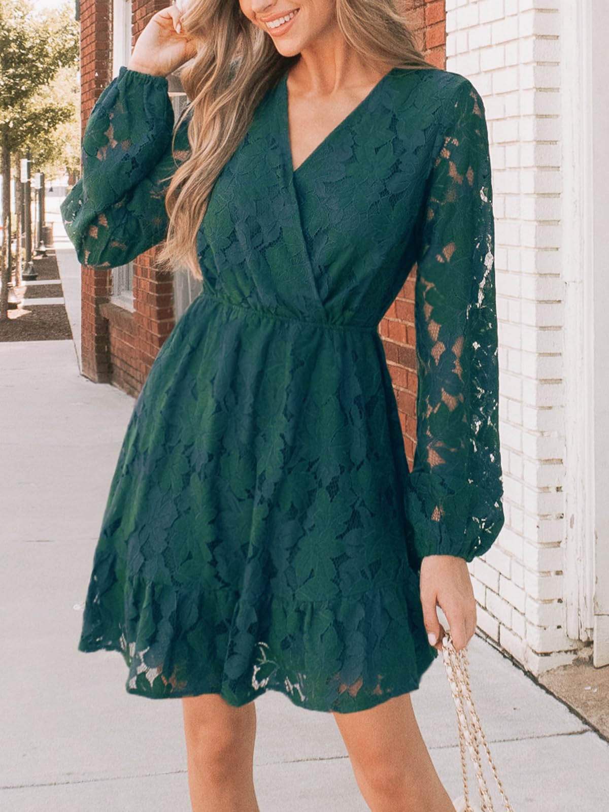 CUPSHE Women's Elegant V-Neck Lace Peasant Sleeve Summer Dress - High Waist A-Line Mini Dress for Wedding Guest, Beach Party & Casual Outings