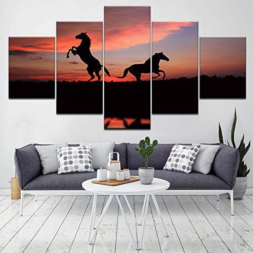 5-Piece Canvas Wall Art Set - Framed Running Horses Sunset Painting for Living Room Decor, Multi Panel Wall Art, Home & Office Decoration - Perfect for Bedroom, Dining Room, or Gift Giving