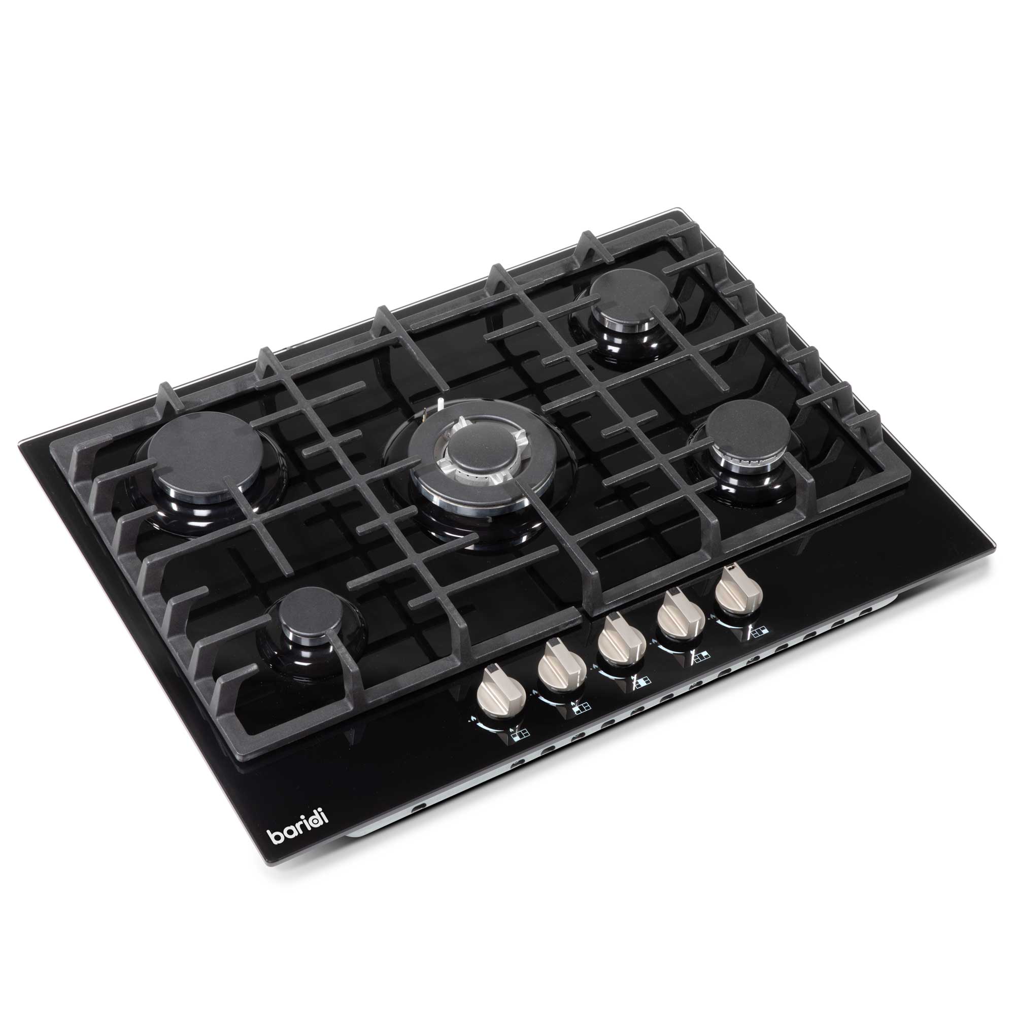 Baridi 70cm Built-In Gas on Glass Hob - 5 Burner Cooktop with Cast Iron Pan Supports, Black Glass Surface - Perfect for Modern Kitchens & Professional Cooking | Model DH228