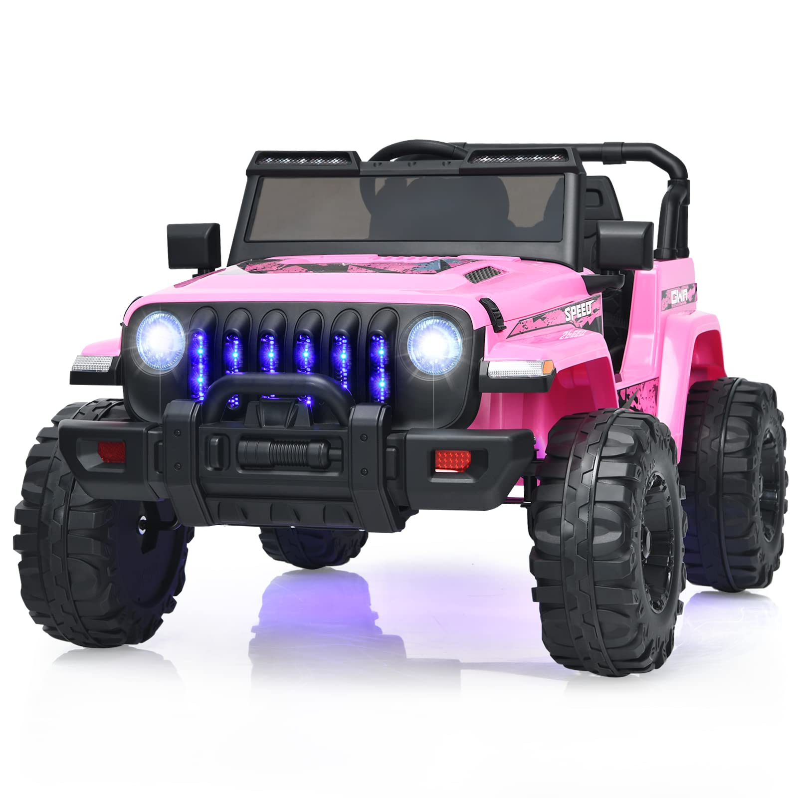 OLAKIDS 12V Electric Ride On Truck for Kids - Remote Control Battery Powered Toddler Car with Music, Horn, 3 Speed Settings, LED Lights & Bluetooth - Pink Kids Toy Truck for Indoor/Outdoor Play, Birthday Gifts & Backyard Fun