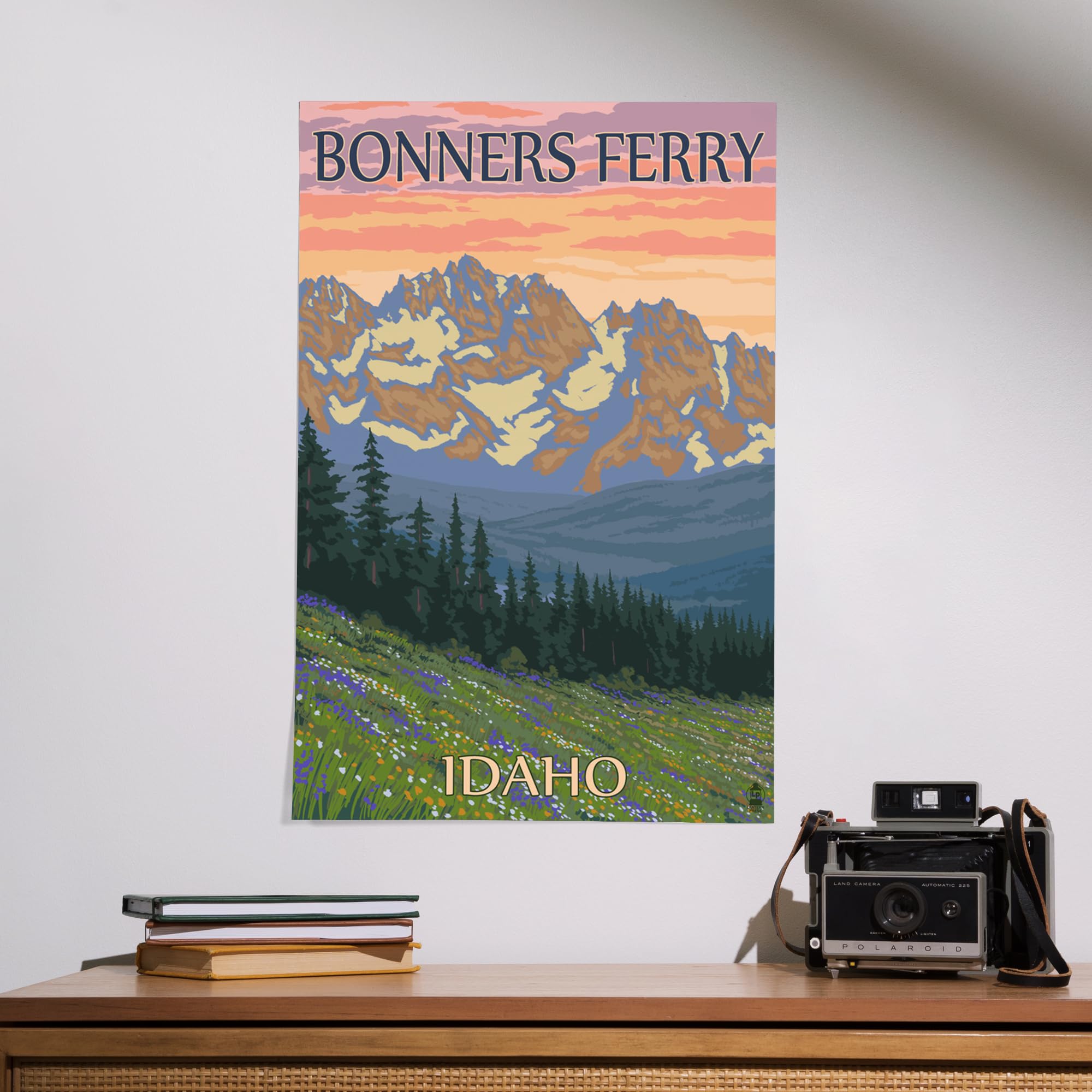 Lantern Press 16x24 Inch Giclee Art Print - Bonners Ferry Idaho Landscape with Bear and Spring Flowers - Perfect for Living Room, Bedroom or Office Wall Decor