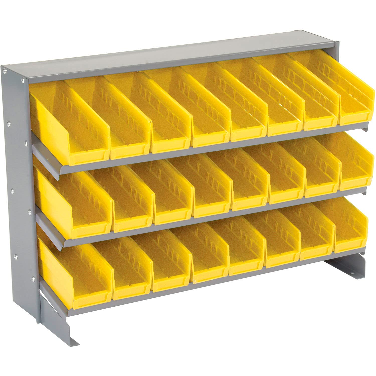 Global Industrial 3-Shelf Utility Bench Rack with 24 Yellow Storage Bins (4