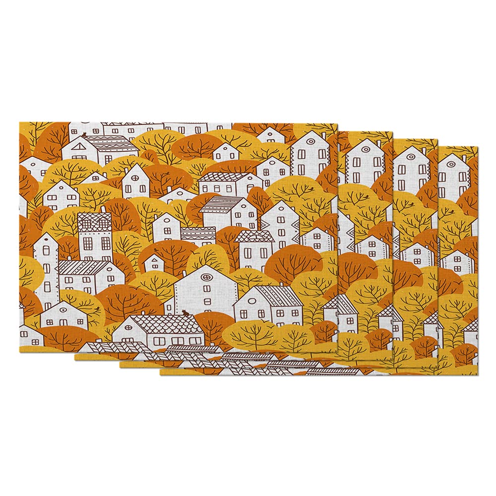 AOYEGO 4-Piece Autumn Fall Landscape Placemats Set - 12x18 Inch Cotton Linen Table Mats for Dining with Trees & City Scenes - Perfect for Thanksgiving, Fall Decor, and Cozy Home Dining