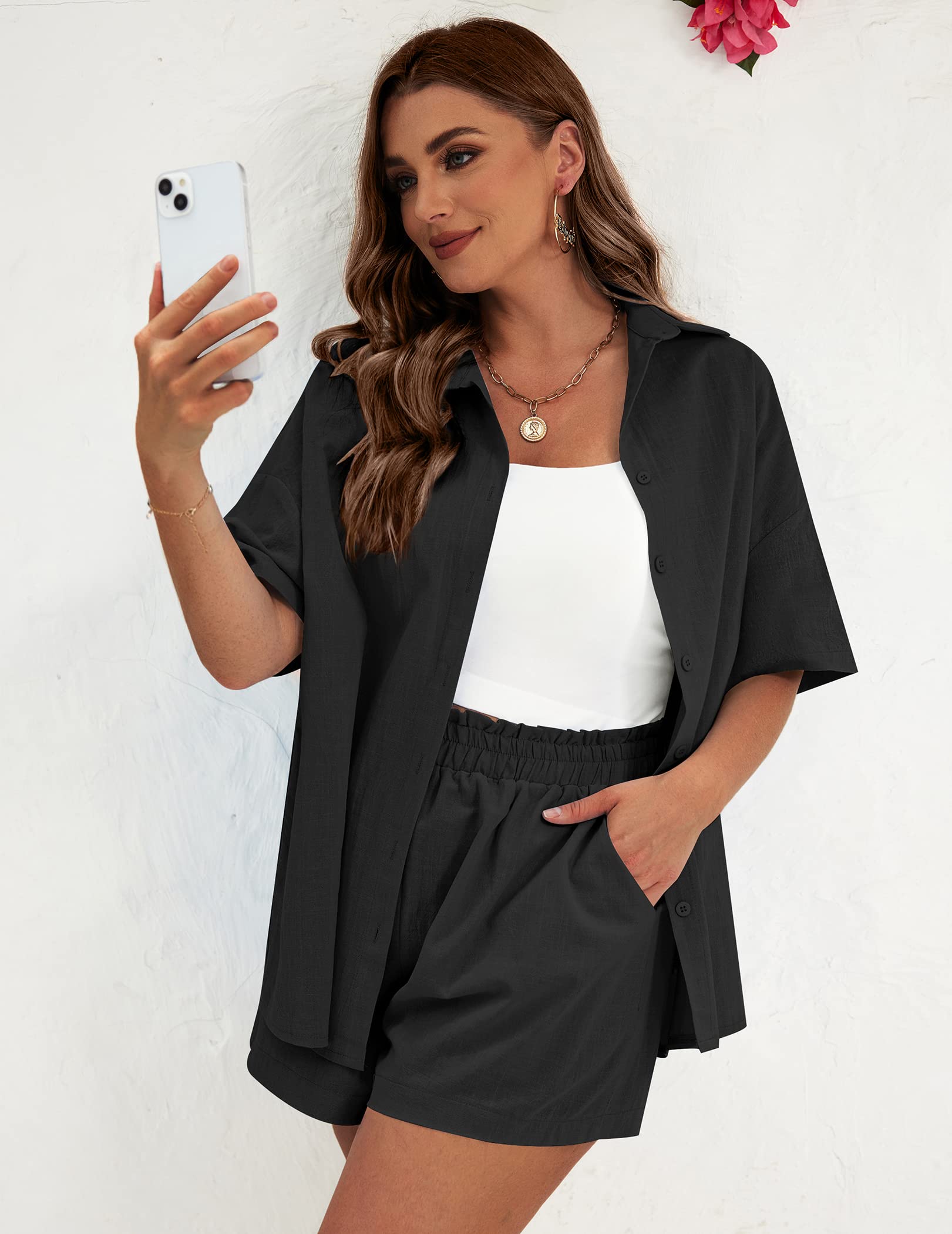 IN'VOLAND Women's Plus Size 2 Piece Cotton Linen Tracksuit Set - Short Sleeve Shirt & Casual Shorts for Summer | Lounge Wear, Vacation Outfit, Street Style Fashion