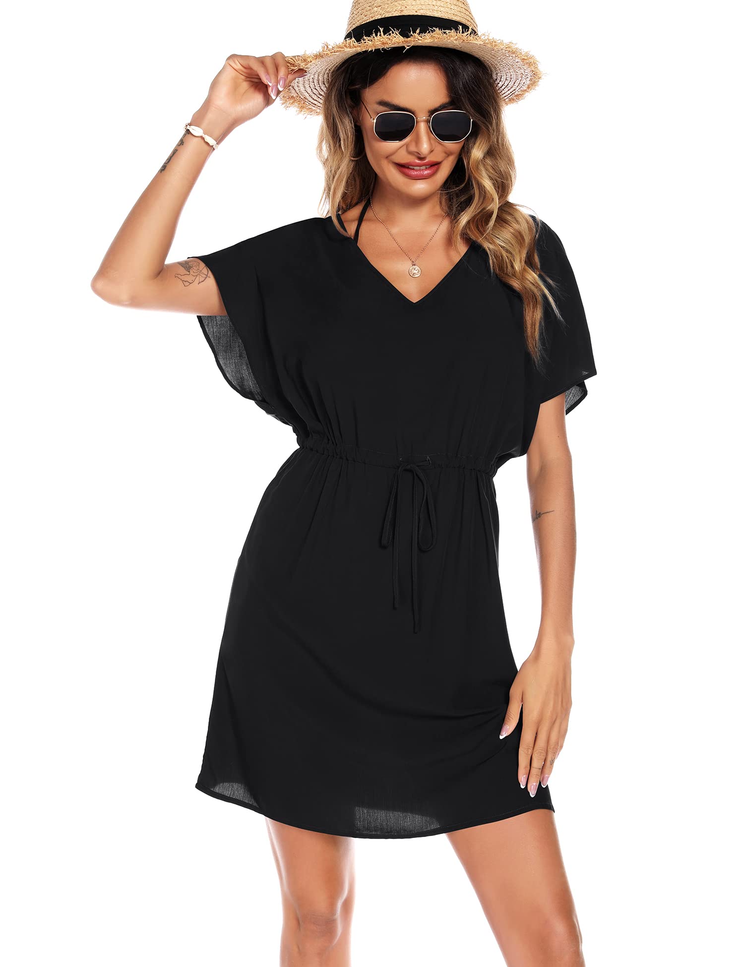 SWOMOG Women's Sexy Boho Beach Cover Up Dress - Flowy Short Sleeve Bikini Coverup with Adjustable Waist, Black | Perfect for Pool Parties, Vacations & Summer Outfits
