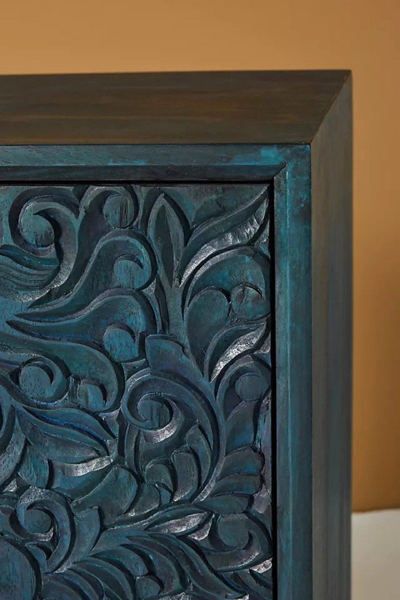 Hand Carved Gulliver Entryway Cabinet - Indigo Blue Solid Wood Storage Furniture for Hallway, Living Room & Bedroom Organization