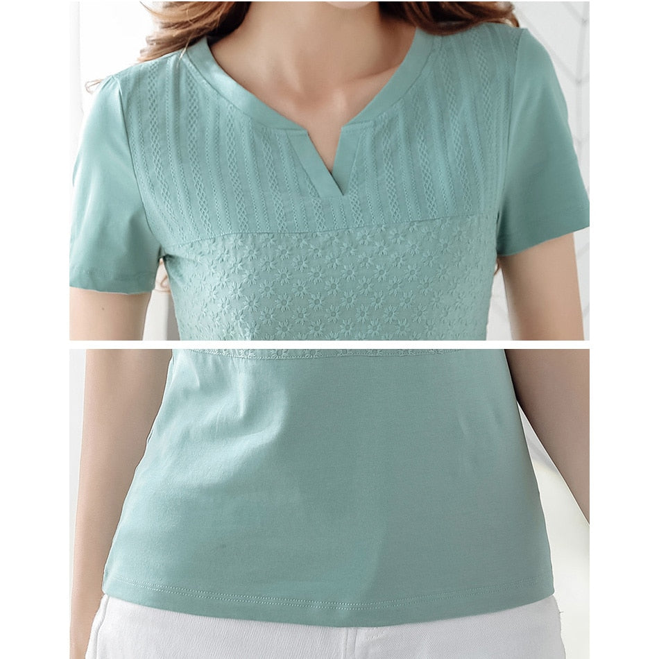 Women's Cotton Embroidered T-Shirt - Casual Short Sleeve Top for Summer Outfits, Streetwear & Everyday Wear
