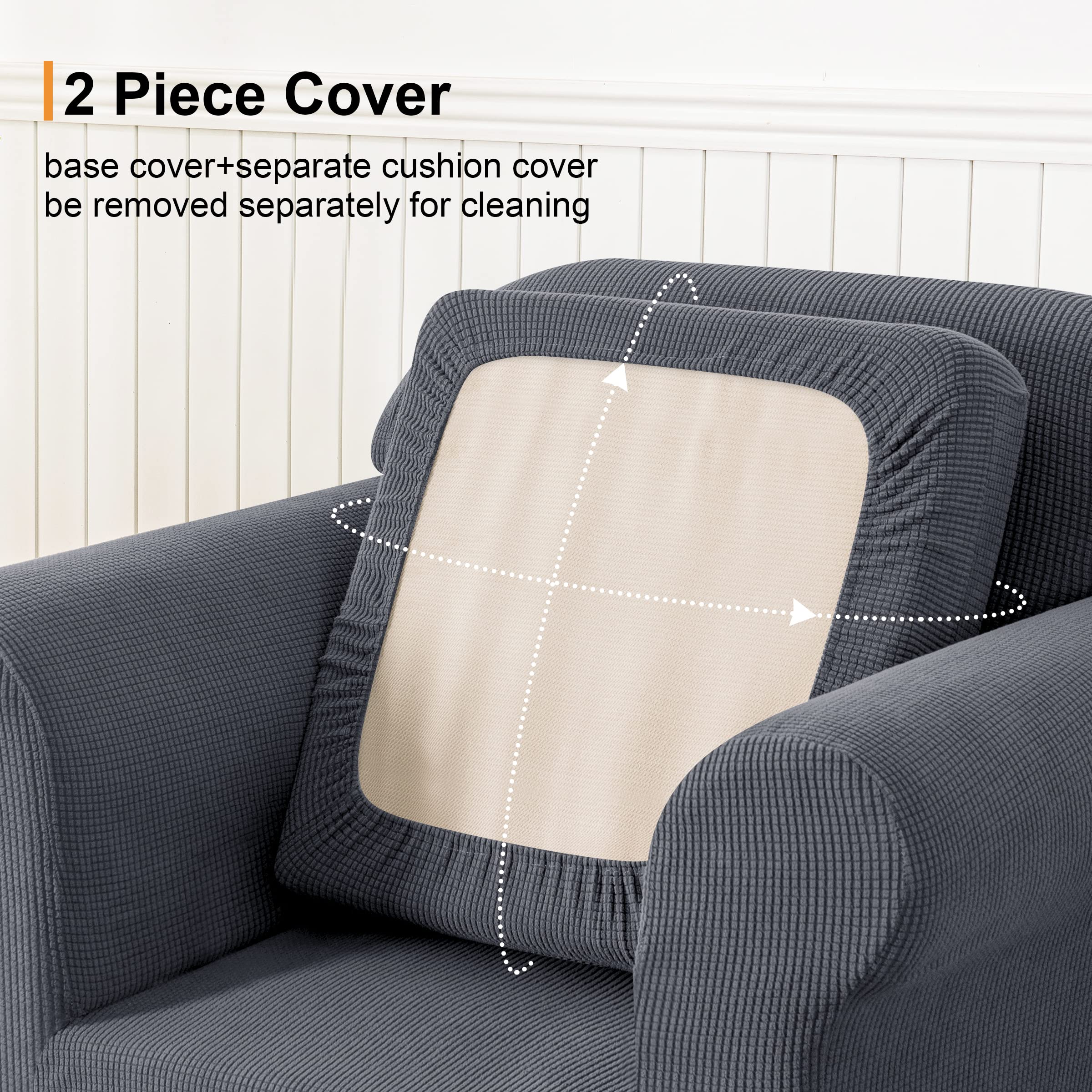 SUBRTEX Stretch Armchair Sofa Slipcover - 2-Piece Washable Jacquard Fabric Couch Cover for 1-Seater Chairs, Soft Furniture Protector with Small Check Pattern (Gray) - Perfect for Living Room, Office & Home Decor