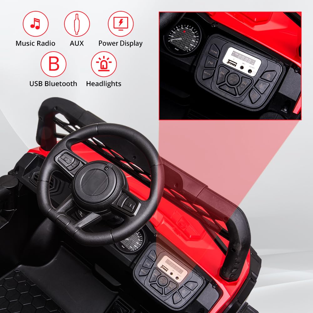 12V Kids Ride On UTV with Remote Control - Electric Toy Car with Spring Suspension, LED Lights, FM Radio, AUX Port & USB Charger | Outdoor Play, Birthday Gifts for Boys & Girls (Red)